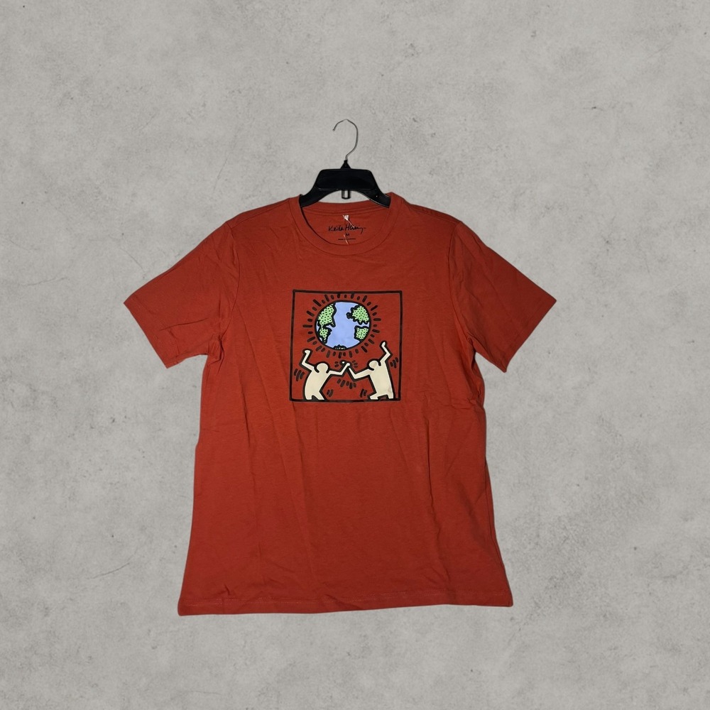 Keith Haring Graphic T-Shirt Mens Medium Rust Orange Dancing Figures Globe Art